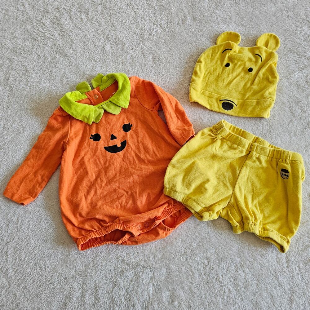 Cat & Jack 0-3m Halloween Pumpkin Bodysuit & Winnie The Pooh Bloomers Hat Bundle
